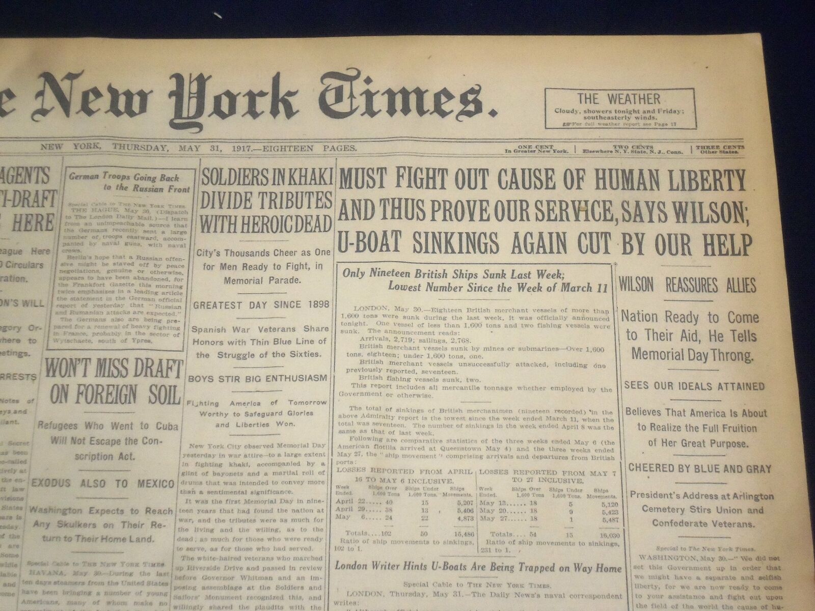 1917 MAY 31 NEW YORK TIMES - MUST FIGHT OUR CAUSE OF HUMAN LIBERTY - NT 9143