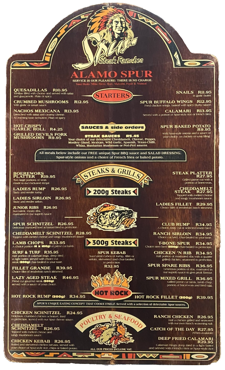 SPUR STEAK RANCHES ALAMO SPUR 1980S WOODEN RESTAURANT MENU SOUTH AFRICA