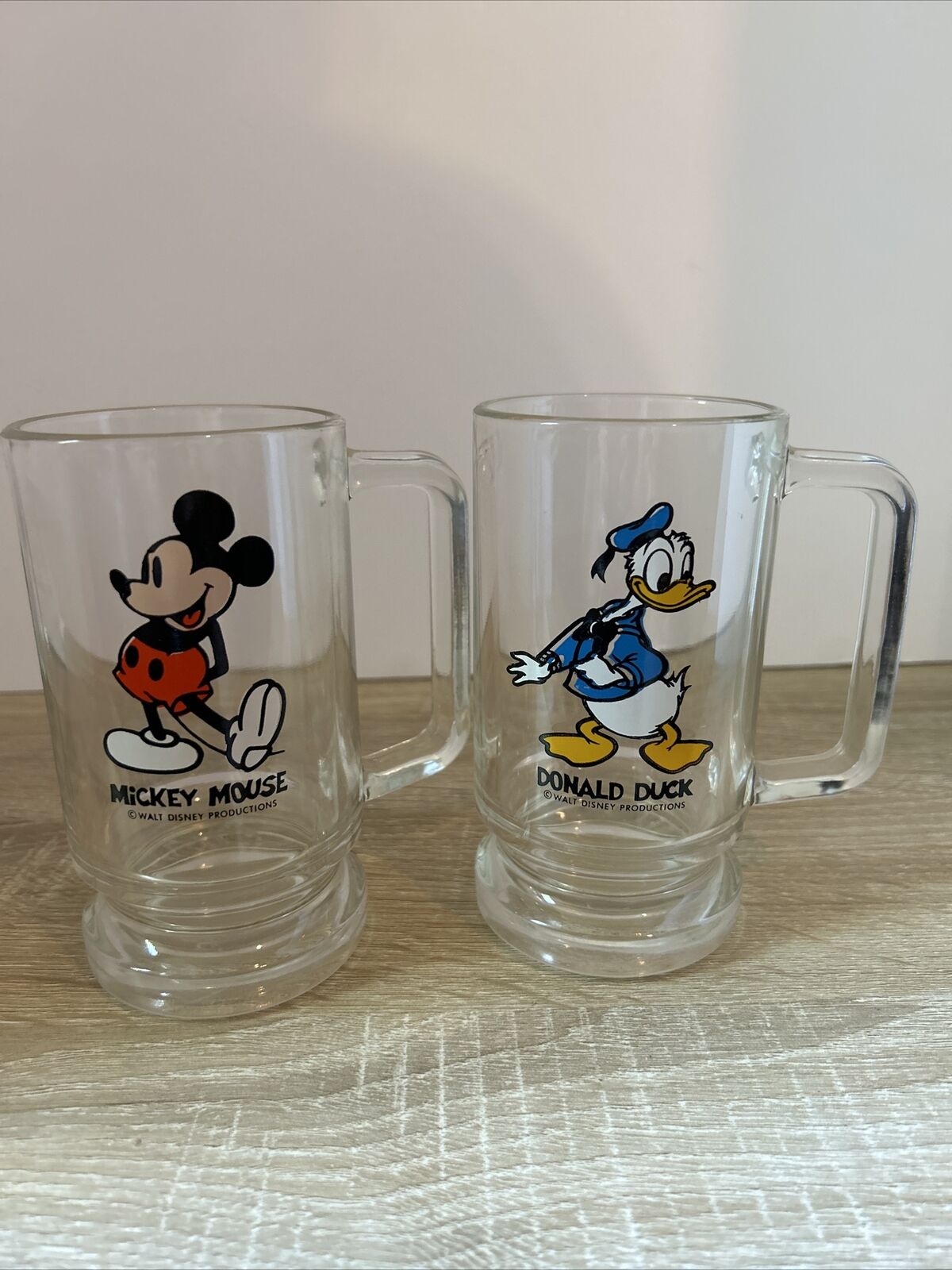 WALT DISNEY PRODUCTIONS Vintage Mickey & Donald Glass Mugs