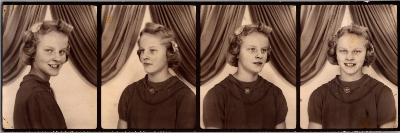 Vintage Photo Booth Strip Teenage Girl Banana Curls Bows 4 Pose Portrait c1940