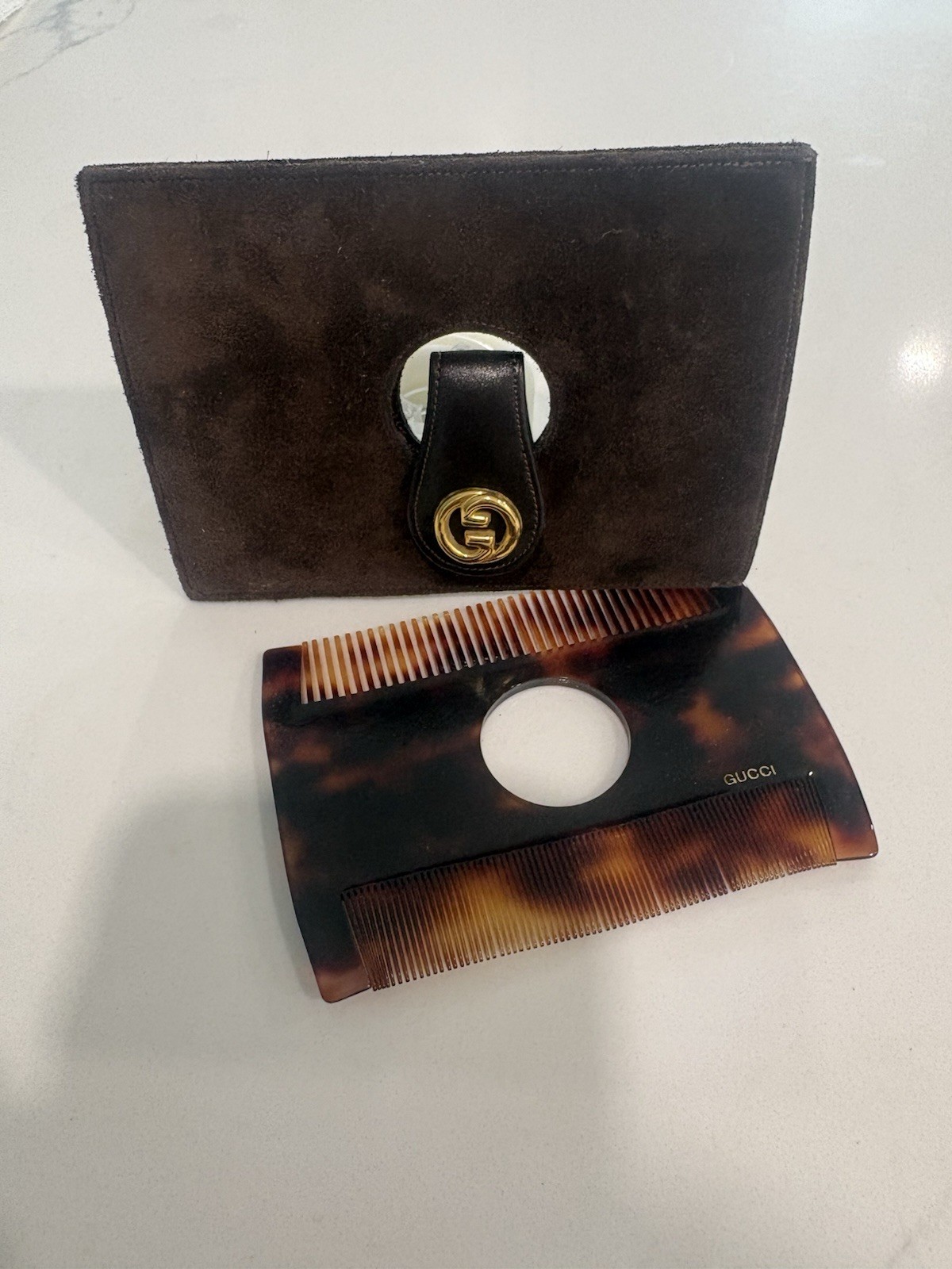 Vintage Gucci Blondie Suede Case with Dual-Sided Tortoiseshell Pocket Hair Comb