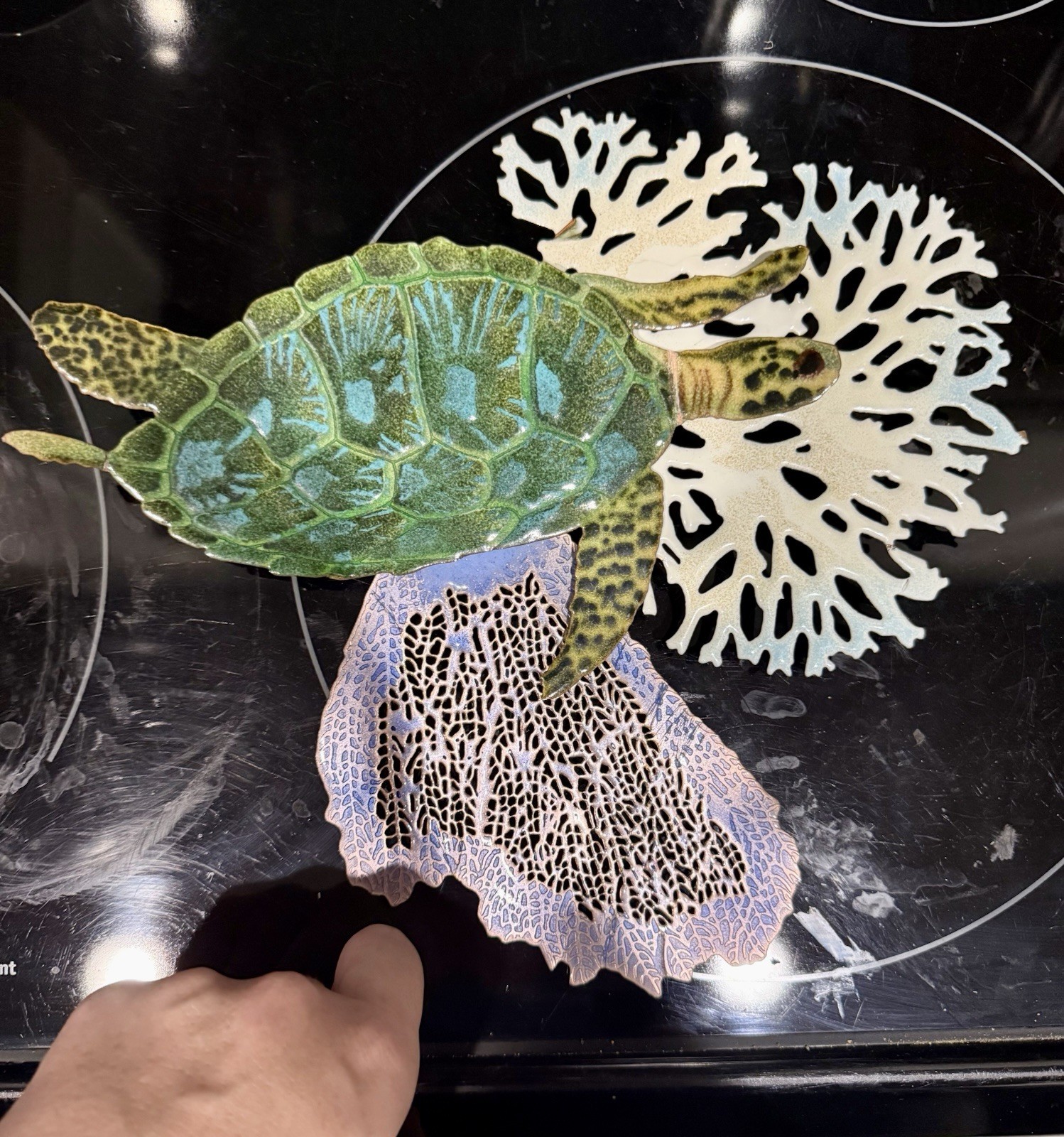 Vintage Bovano Cheshire Enameled Copper Sea Turtle & Coral Wall Art