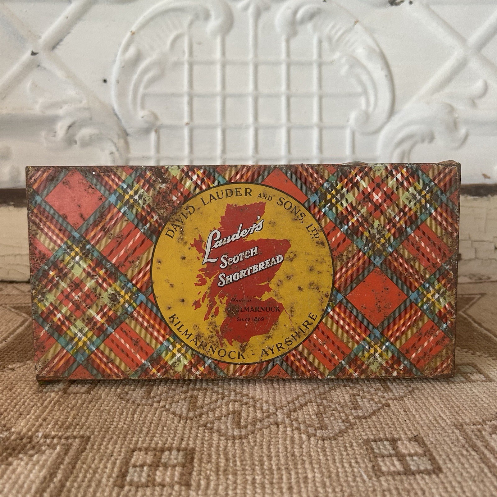 Vintage Lauders Scotch Biscuit Tin Red Tartan Plaid Christmas Stacking Metal Box