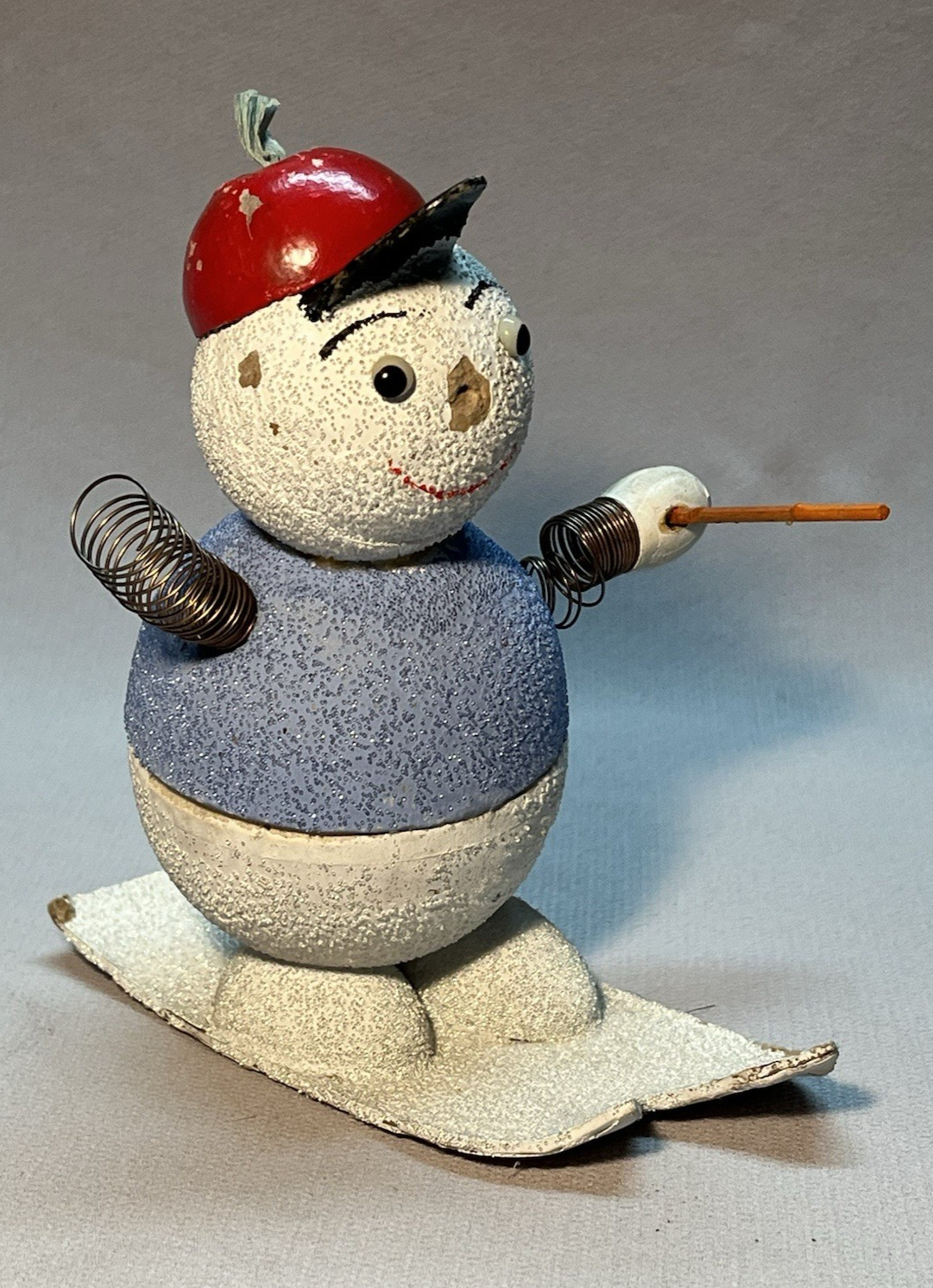 Vintage 1957 West Germany Paper Mache Snowman on Skis Candy Container