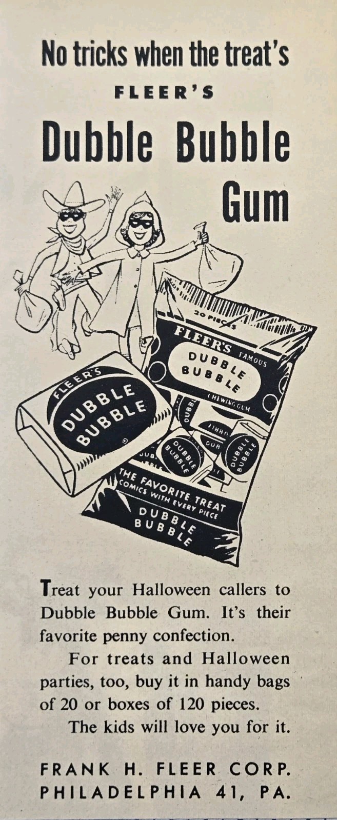 Fleer\'s Dubble Bubble Gum Halloween Trick or Treat Masks Vintage Print Ad 1952