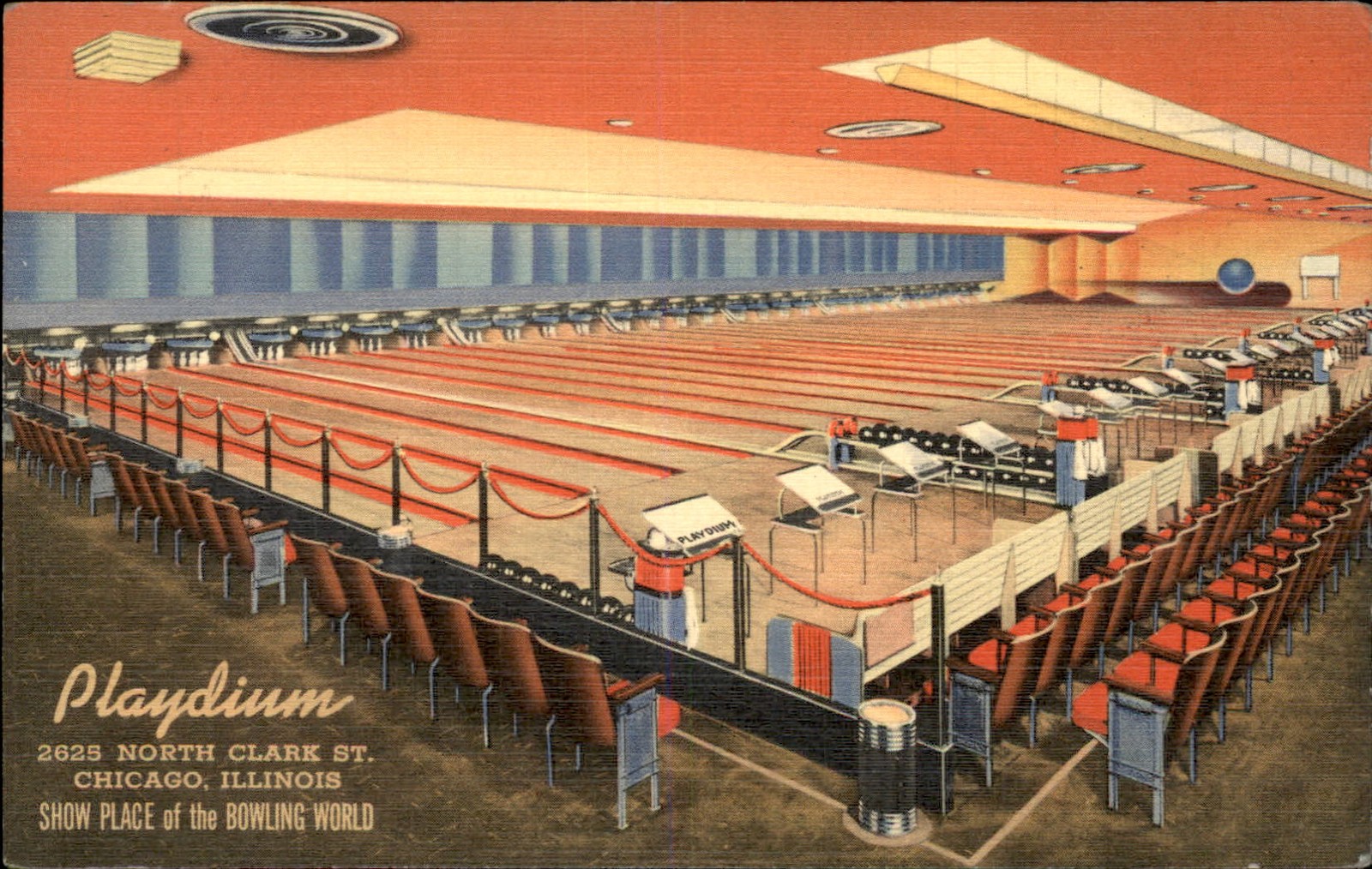 Chicago IL Bowling Alley Playdium Curt Teich c1940s-50s GREAT LINEN Postcard bhn
