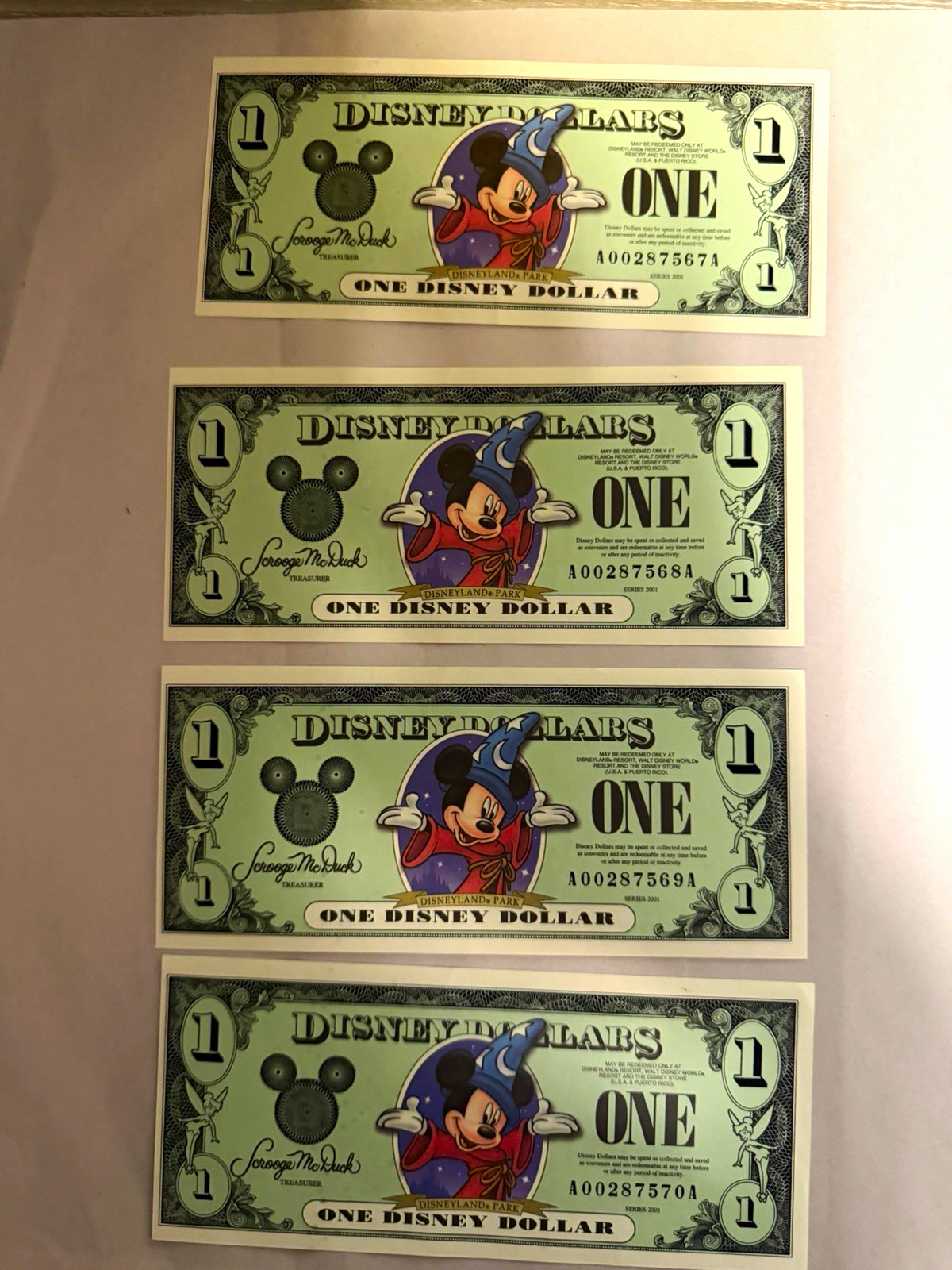 Uncirculated Lot of 4 consecutive Disney Dollars  $1 Series A