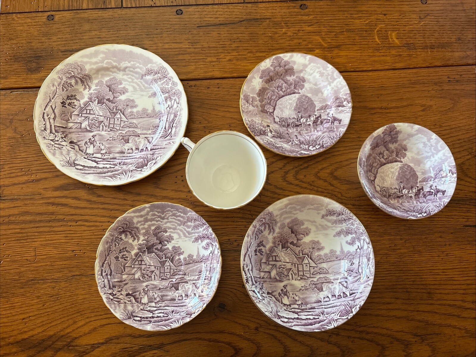 Vtg HM Sutherland England Purple RURAL SCENES Set of 6: Cup & Saucer, 4 Plates