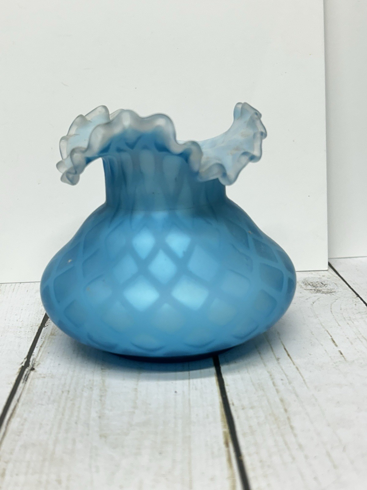 Victorian Blue Satin Diamond Quilted Ruffled Edges Hand Blown Vase 