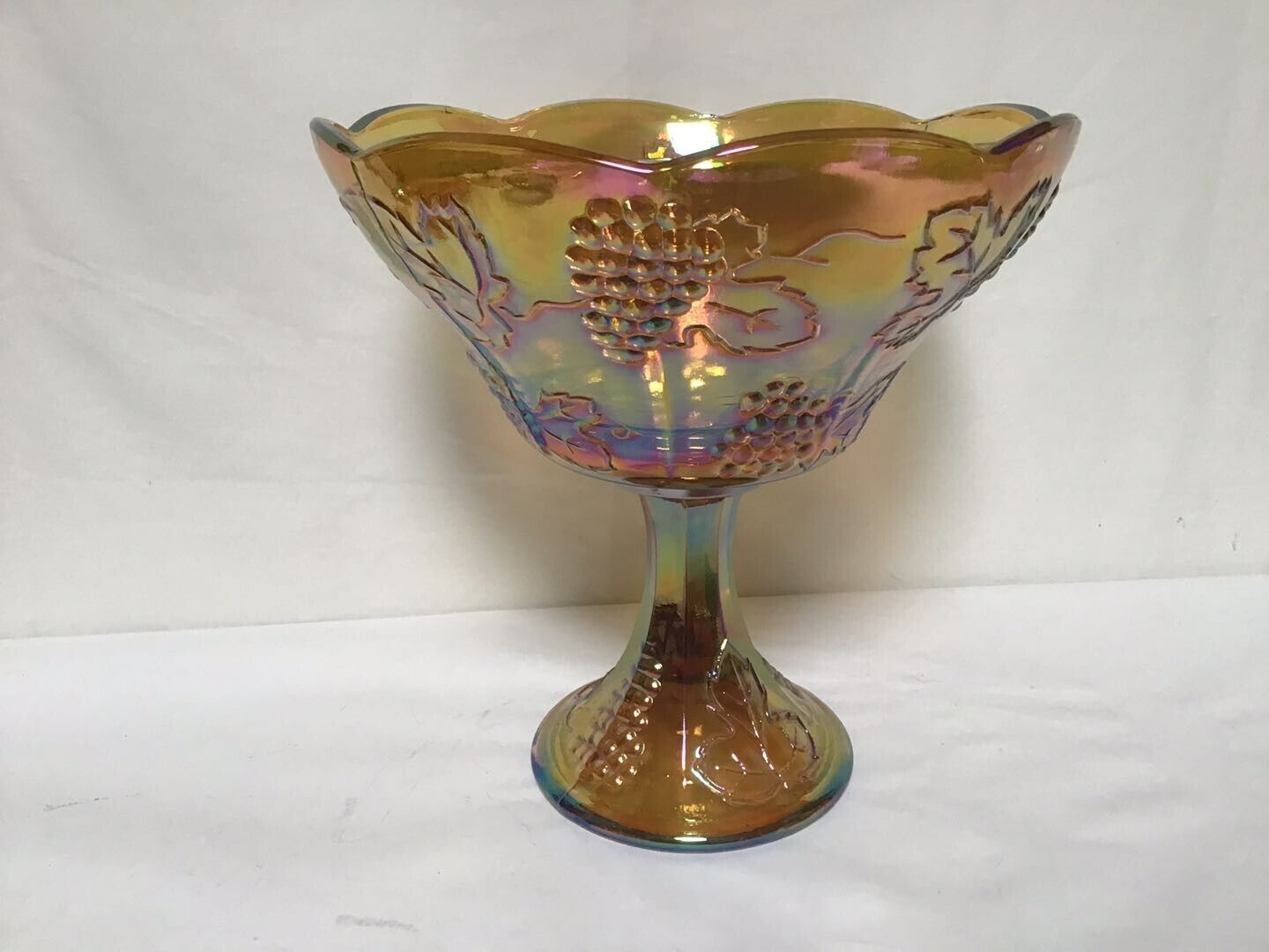 BB93 Antique Vintage Carnival Glass Gold Pedestal Bowl Compote with Grape Design