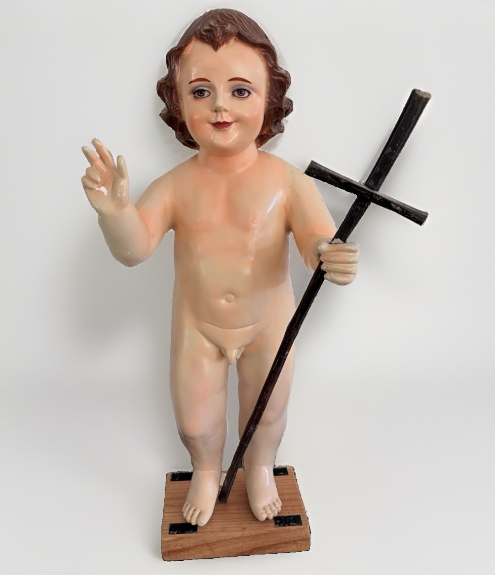 Vintage 25” Infant Jesus Statue w/ Cross Plaster Applied Lashes Religious Oddity