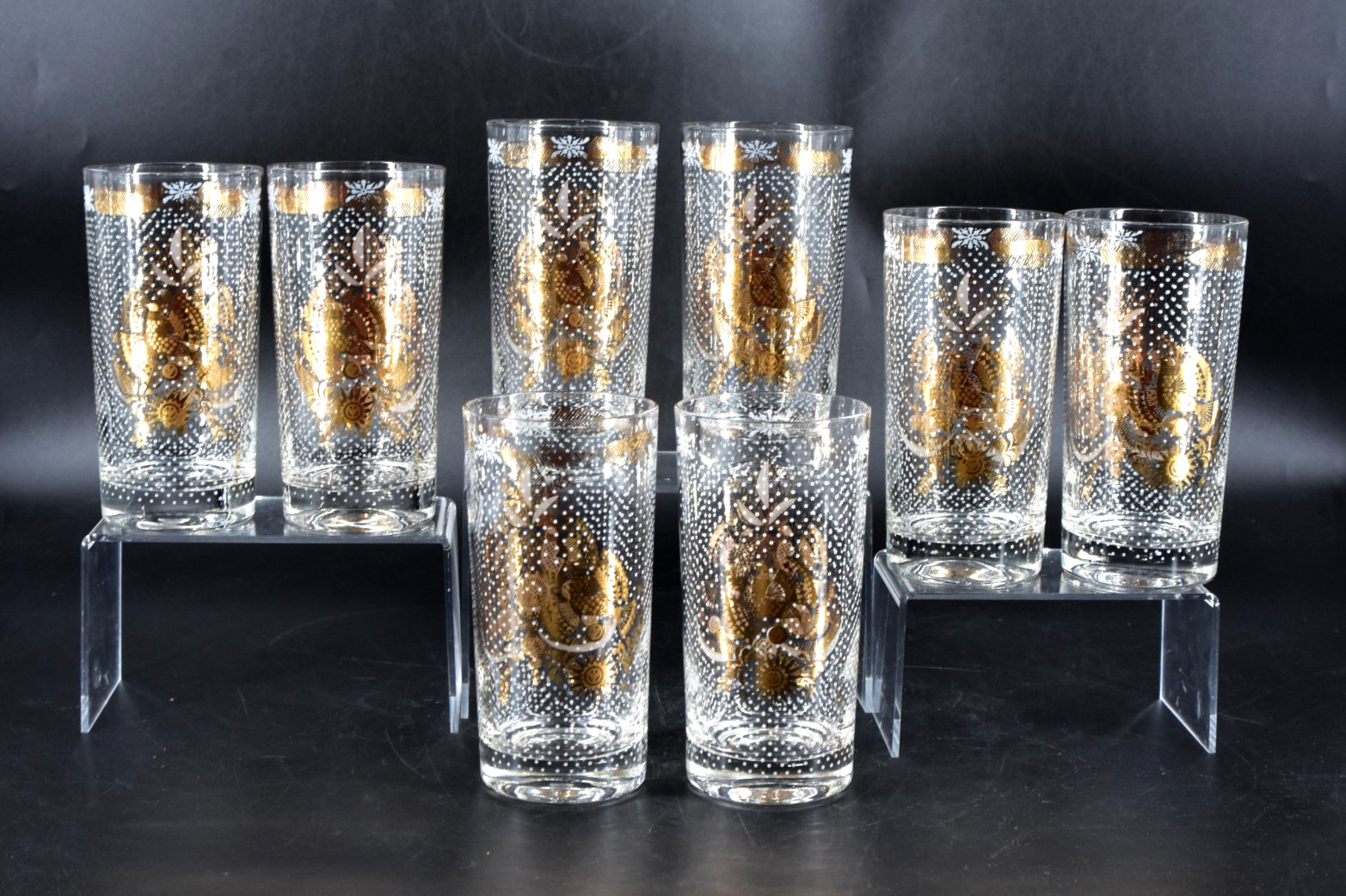 VTG Georges Briard SONATA Highball Glasses Set of 8 Gold White Birds 5.5\