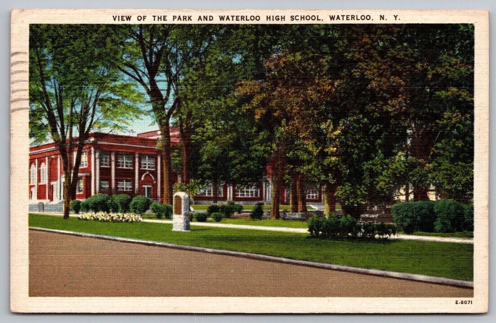 Waterloo New York High School City Park Streetview Linen Cancel WOB Postcard