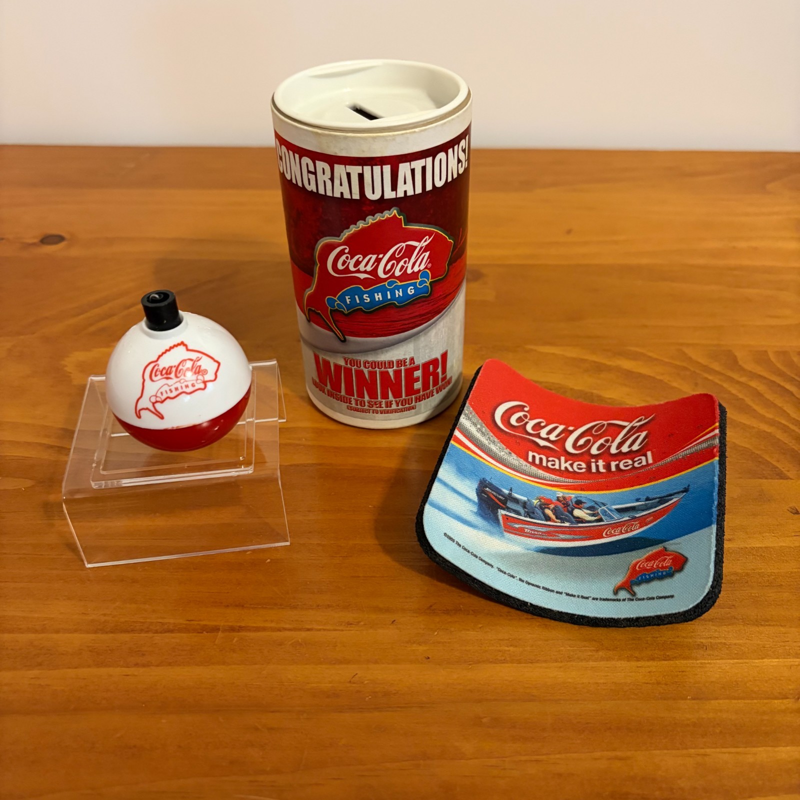 Vintage Coca-Cola Fishing Promotional Prize Bank, Foam Coaster & Bobber 2005