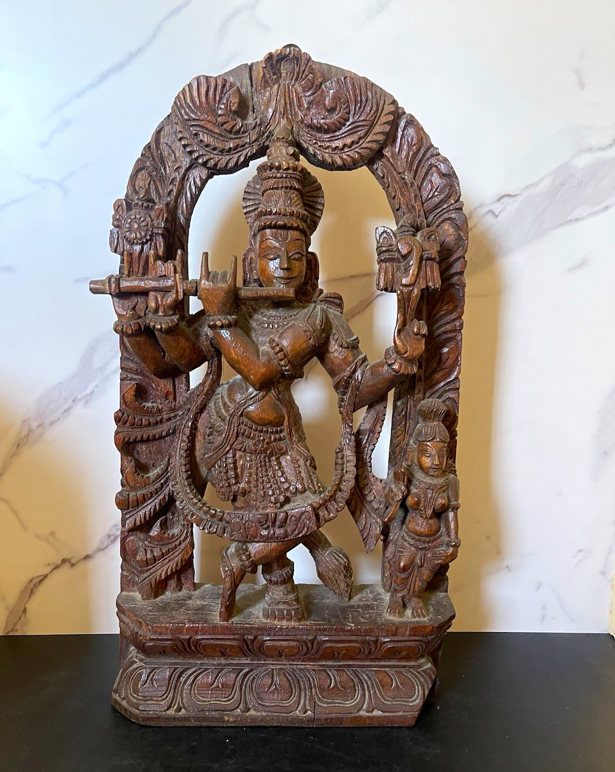 Vintage Lg Hindu Krishna Hand-Carved Wooden Statue Playing Flute with Arch India