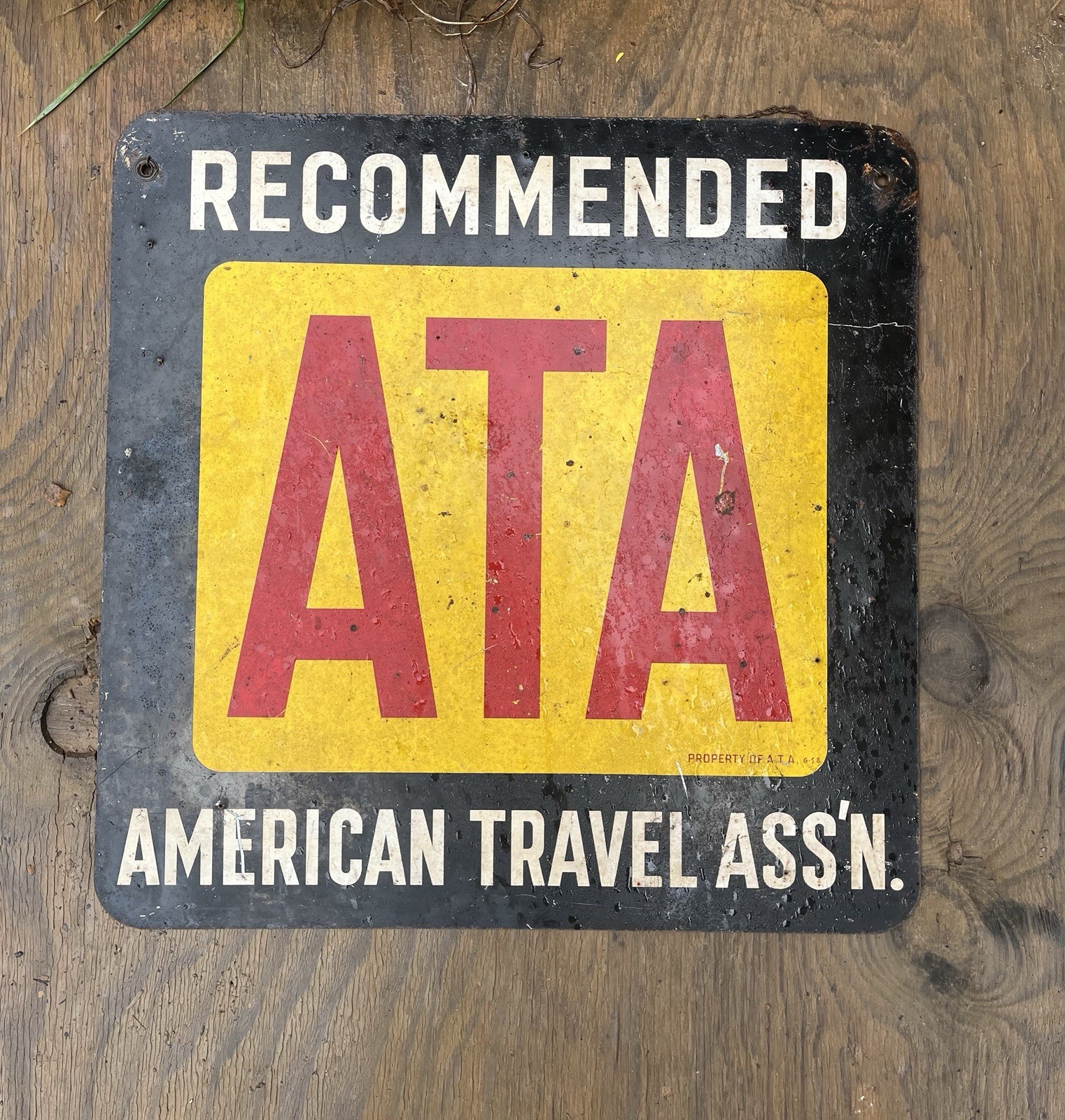 1958 ANTIQUE ATA AMERICAN TRAVEL ASSOCIATION DOUBLE SIDED METAL SIGN