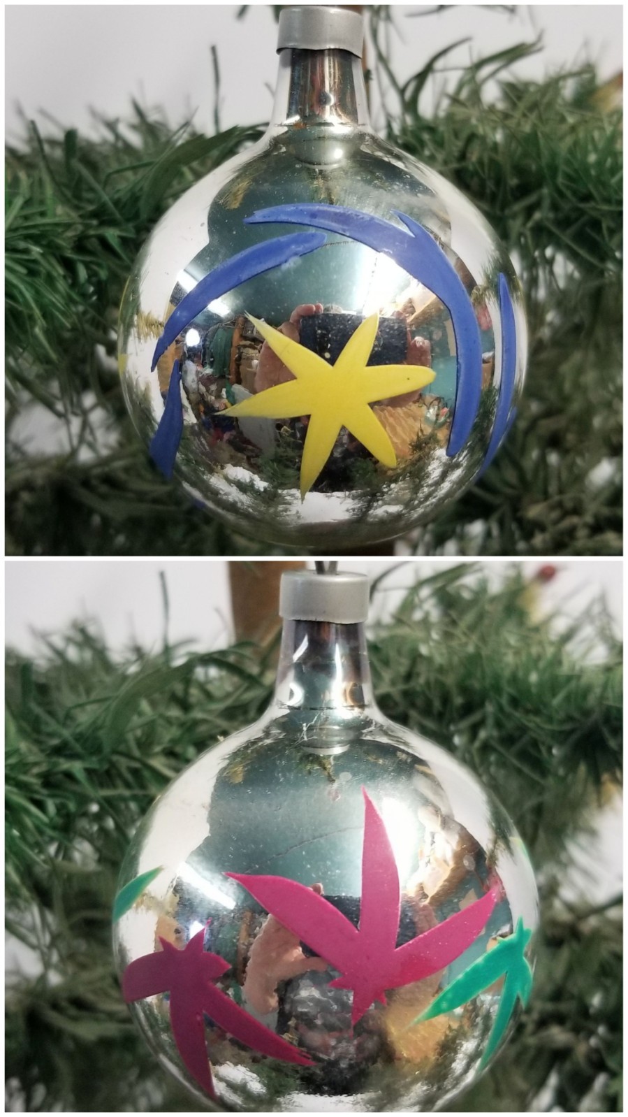 Pair Vintage Premier Hand Painted Glass Christmas Ornament Stars & Sky / Leaves