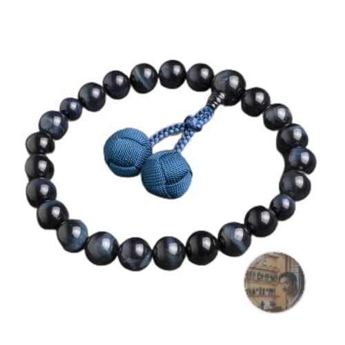 Nenjudo Japanese Men\'s Prayer Beads 22 Blue Tiger Eye Stone Silk Tassel New
