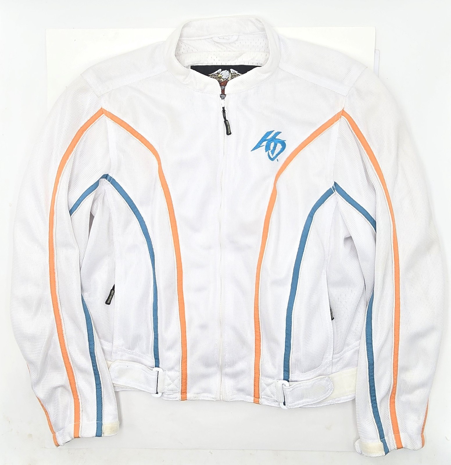 ​VTG Harley Davidson Womens White Mesh Riding Jacket Blue Flame Biker Armor Y2K
