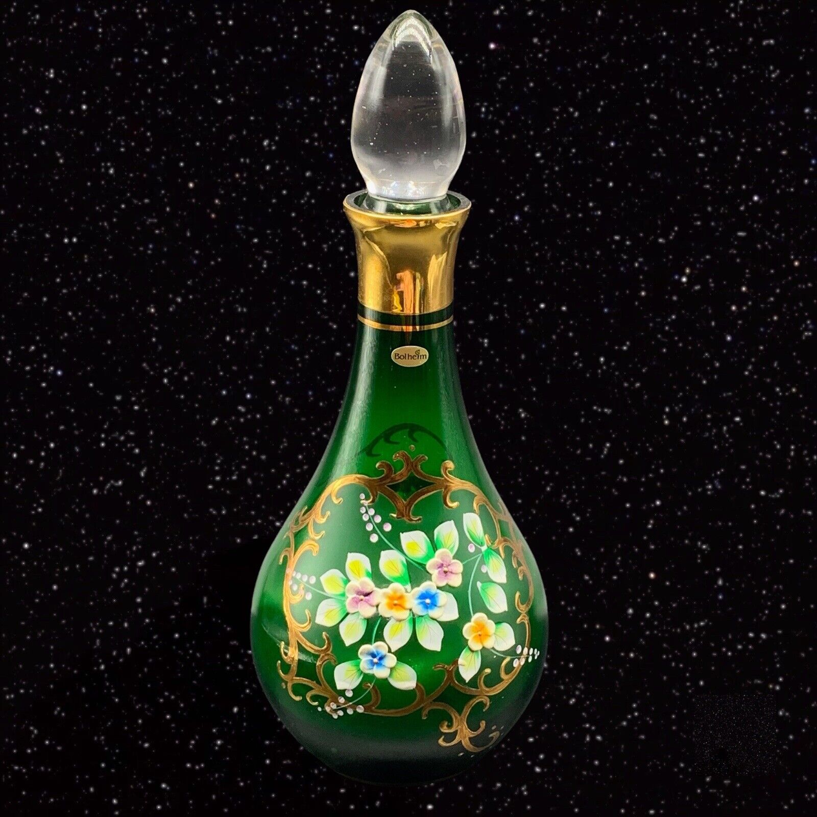 Antique Bohemian Raised Flowers Emerald Green Gold Glass Decanter 9.25”T 4”W