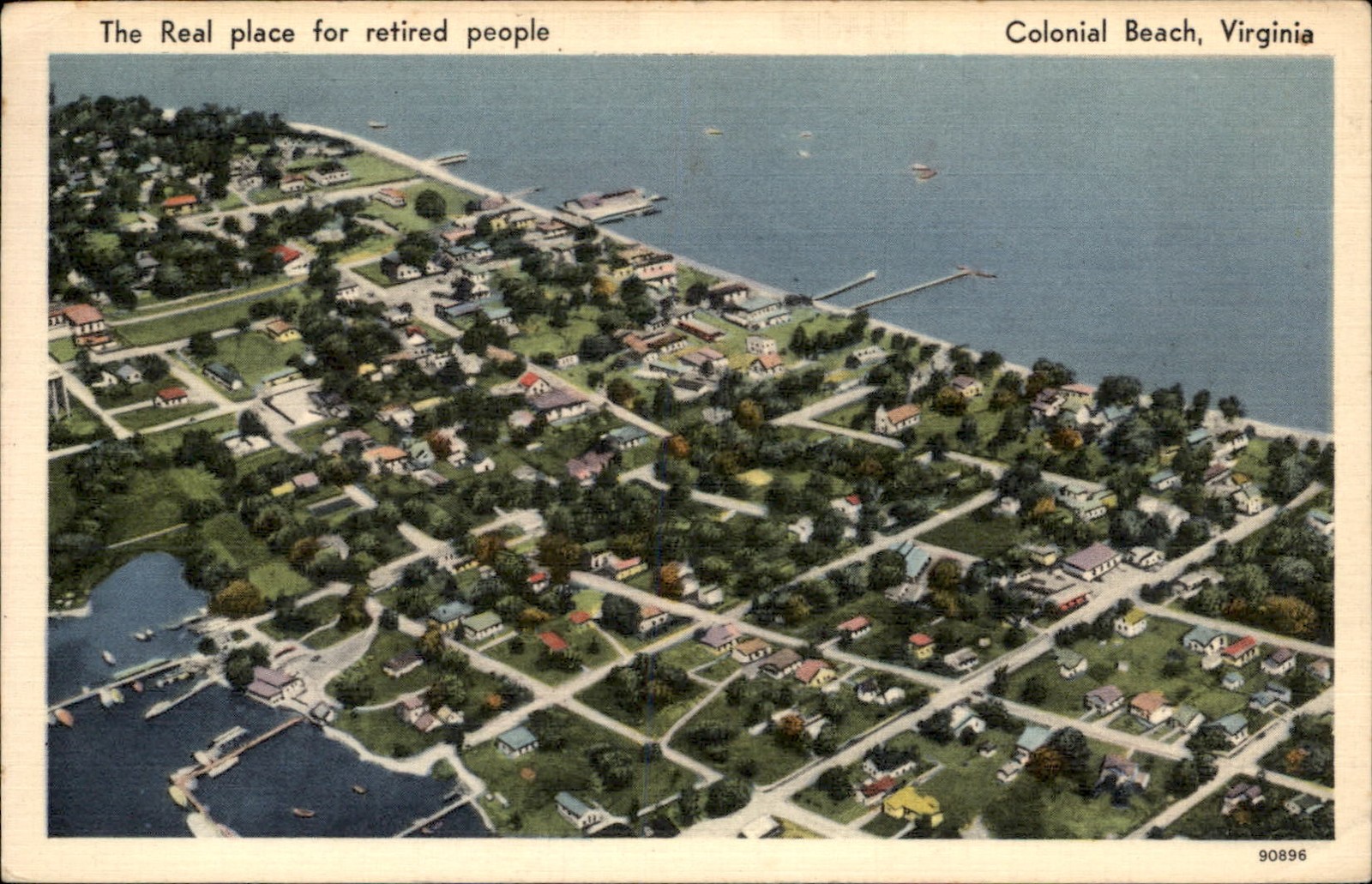 Colonial Beach VA Aerial View of Town Tichnor Bros. c1940s-50s Vintage Postcard