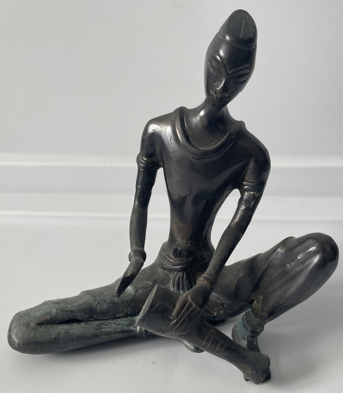African Asian Bronze Man with Drum Large Figure Bohemian Decor Statue Tribal