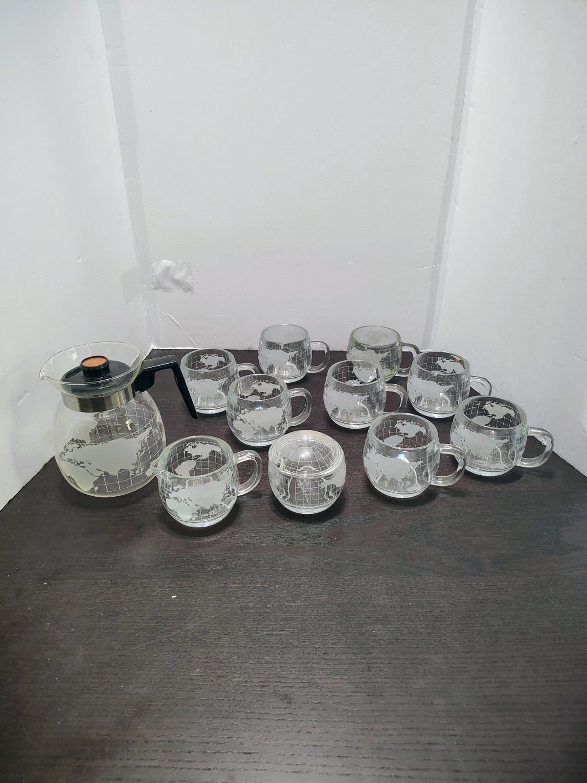 1970s Nestle Nescafe Etched Clear Glass World Globe Coffee Set W/Carafe, Creamer