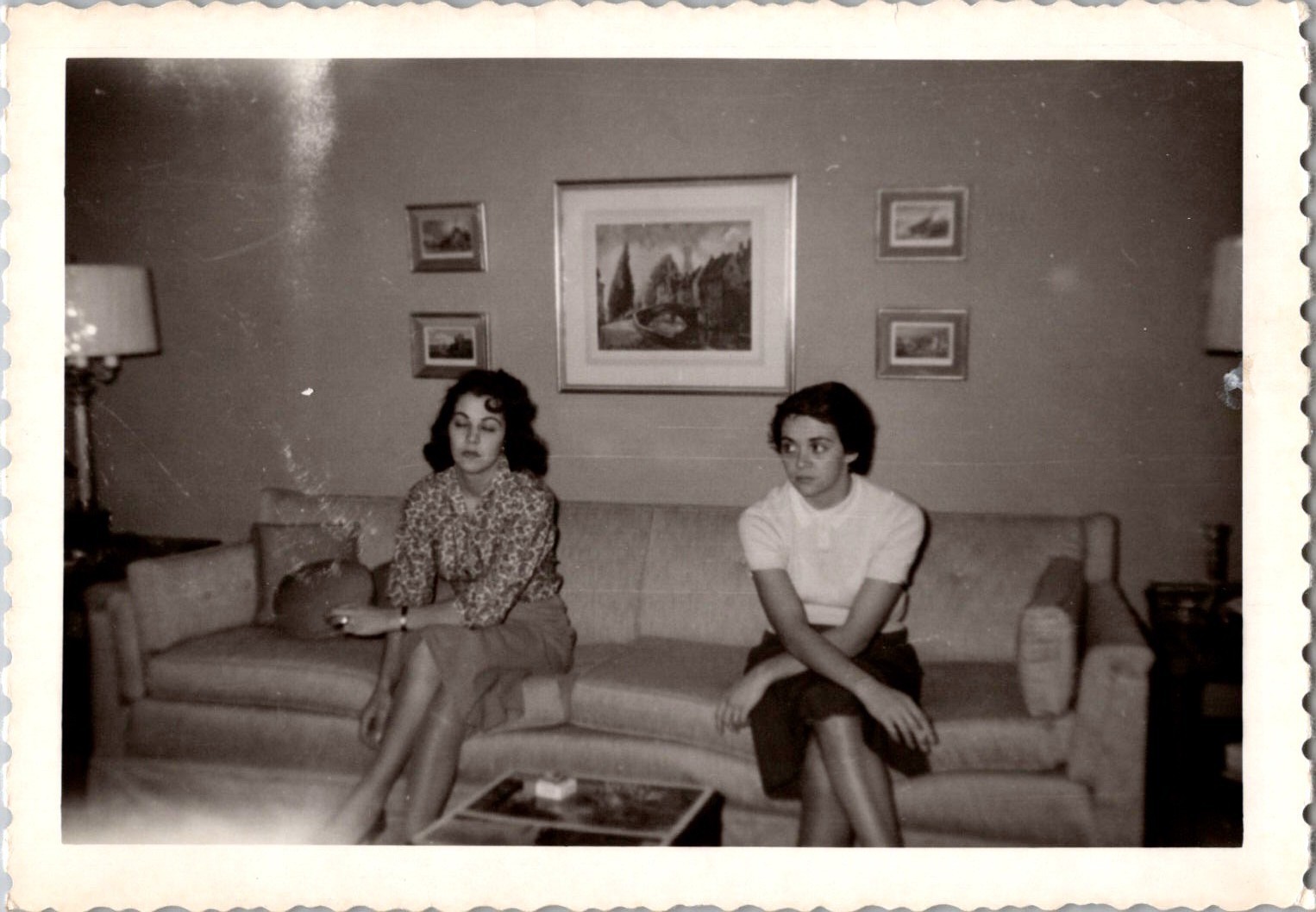 Vintage 1950s Black & White Photo Two Young Women Sitting on Sofa Candid