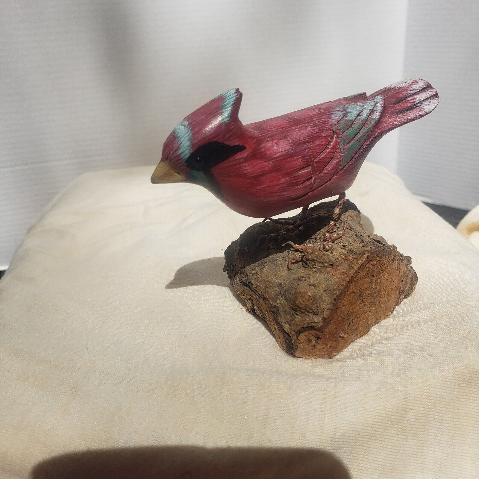 Vintage Hand Carved Painted Wooden Cardinal on Driftwood 5 In Tall
