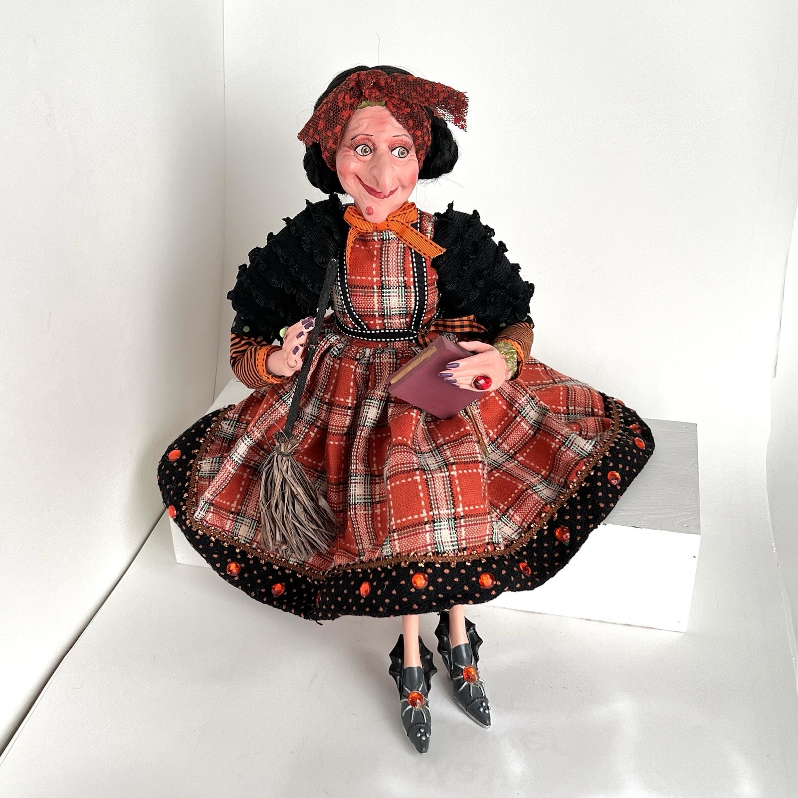 Whimsical Halloween Witch Gypsy Plaid Dress Doll Pose-able Book Broom 23”
