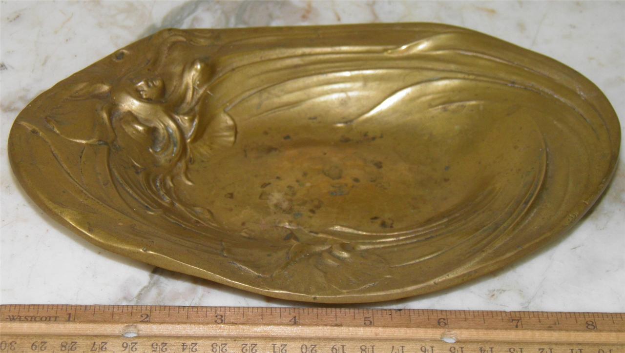 ANTIQUE ART NOUVEAU GILDED BRONZE FIGURAL NUDE VANITY DRESSER TRINKET CARD TRAY