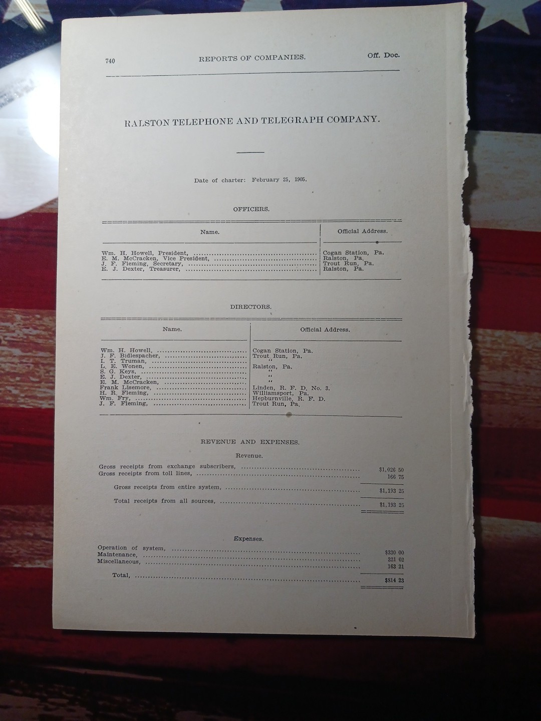 1906 Report of  RALSTON TELEPHONE & TELEGRAPH COMPANY Trout Run Cogan Station PA