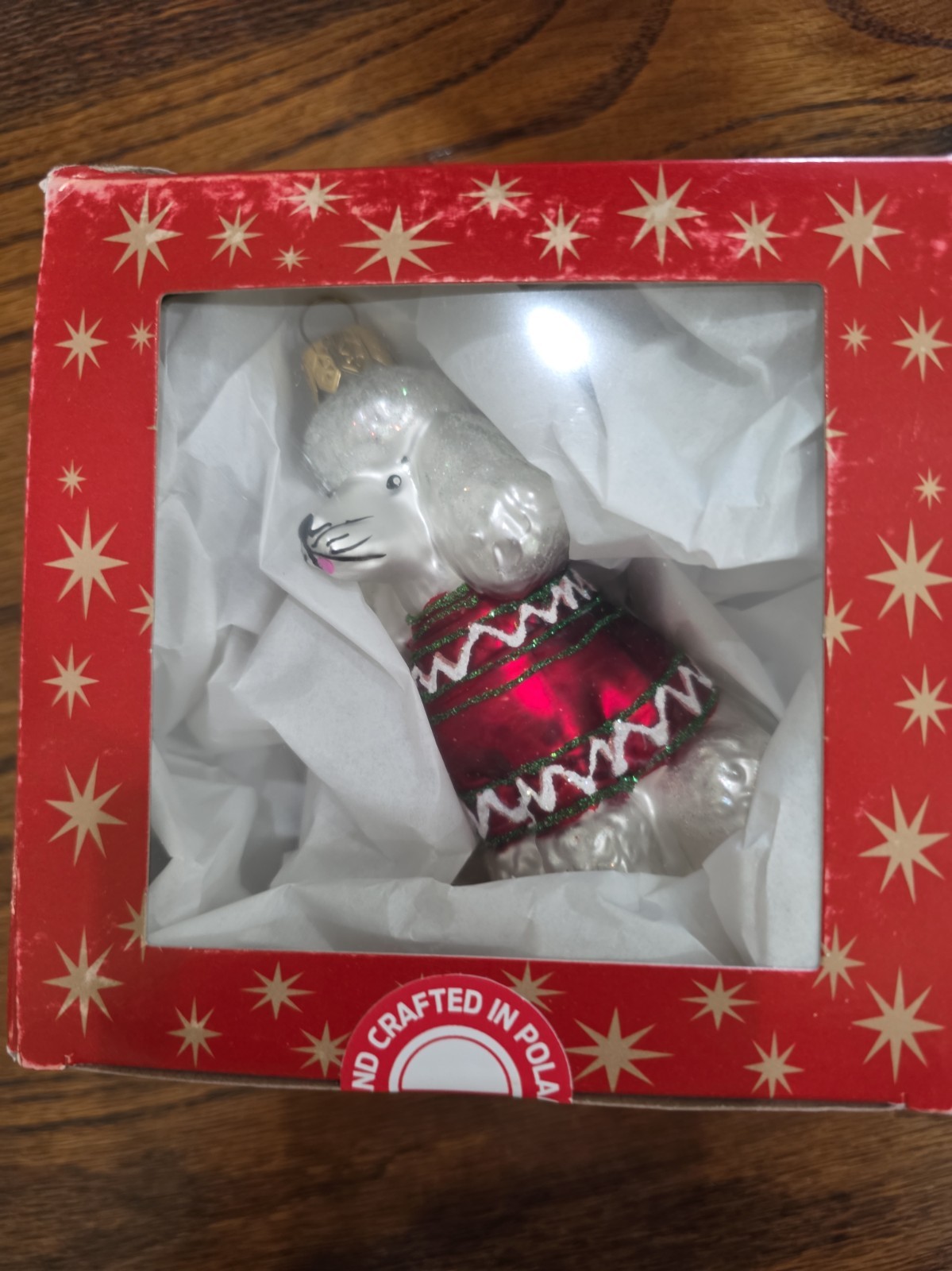 White Toy Poodle Dog Blown Glass Christmas Ornament Poland Impuls  New In Box