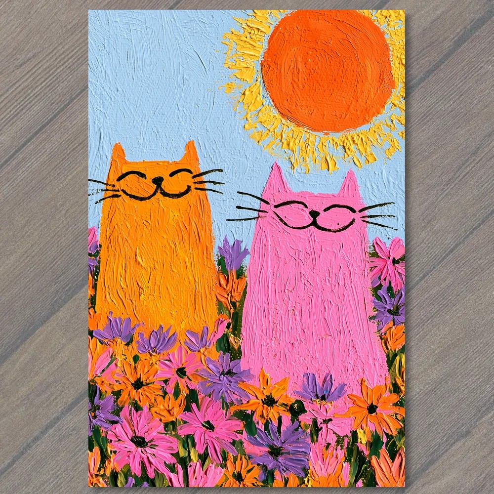 POSTCARD Two Cats Flower Field Bright Colors Smiling Sun Happy Playful Cute