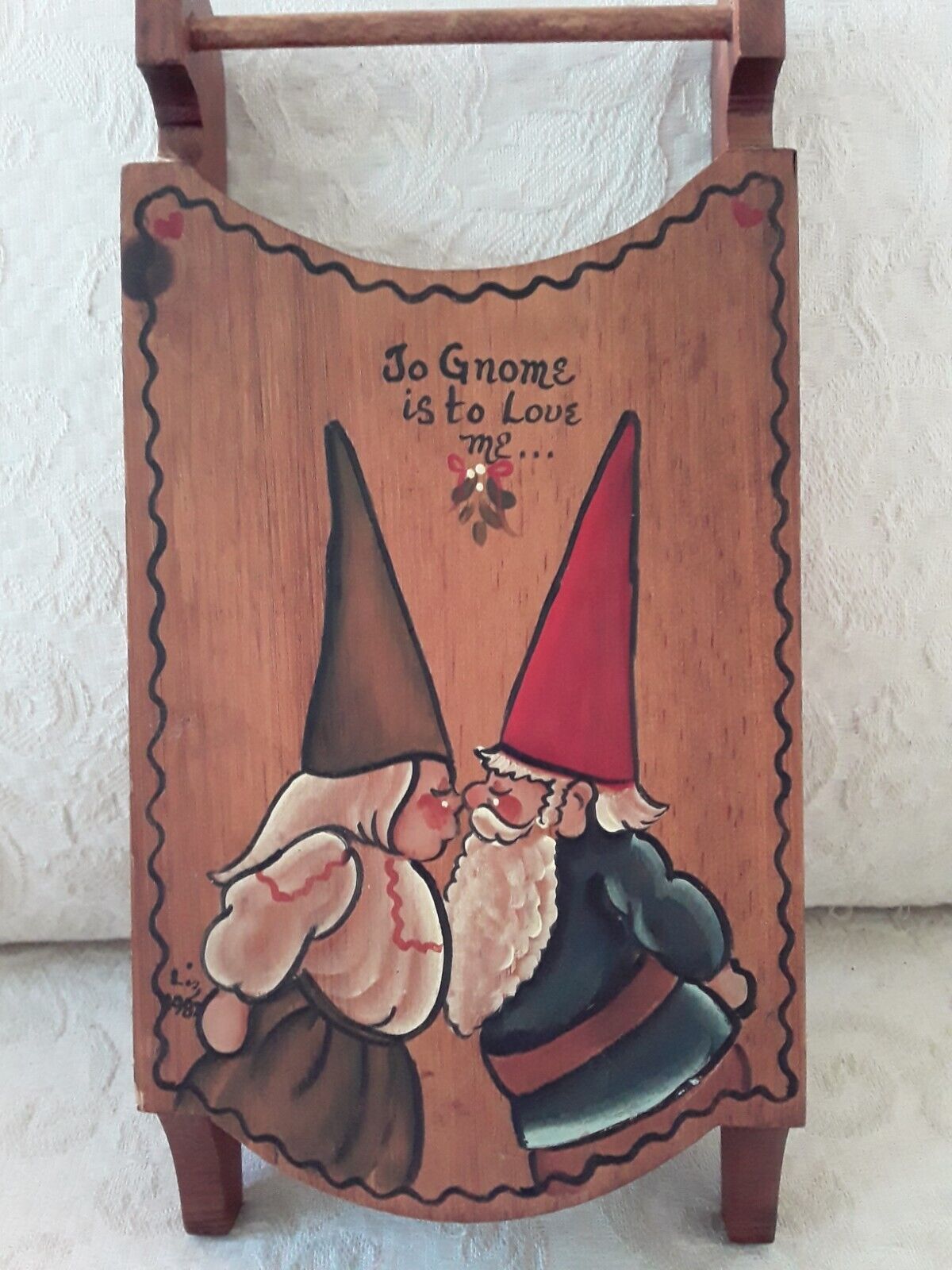 Hand Painted Small Wood Sled Kissing Gnomes To Gnome is to Love Me 1982 Folk Art