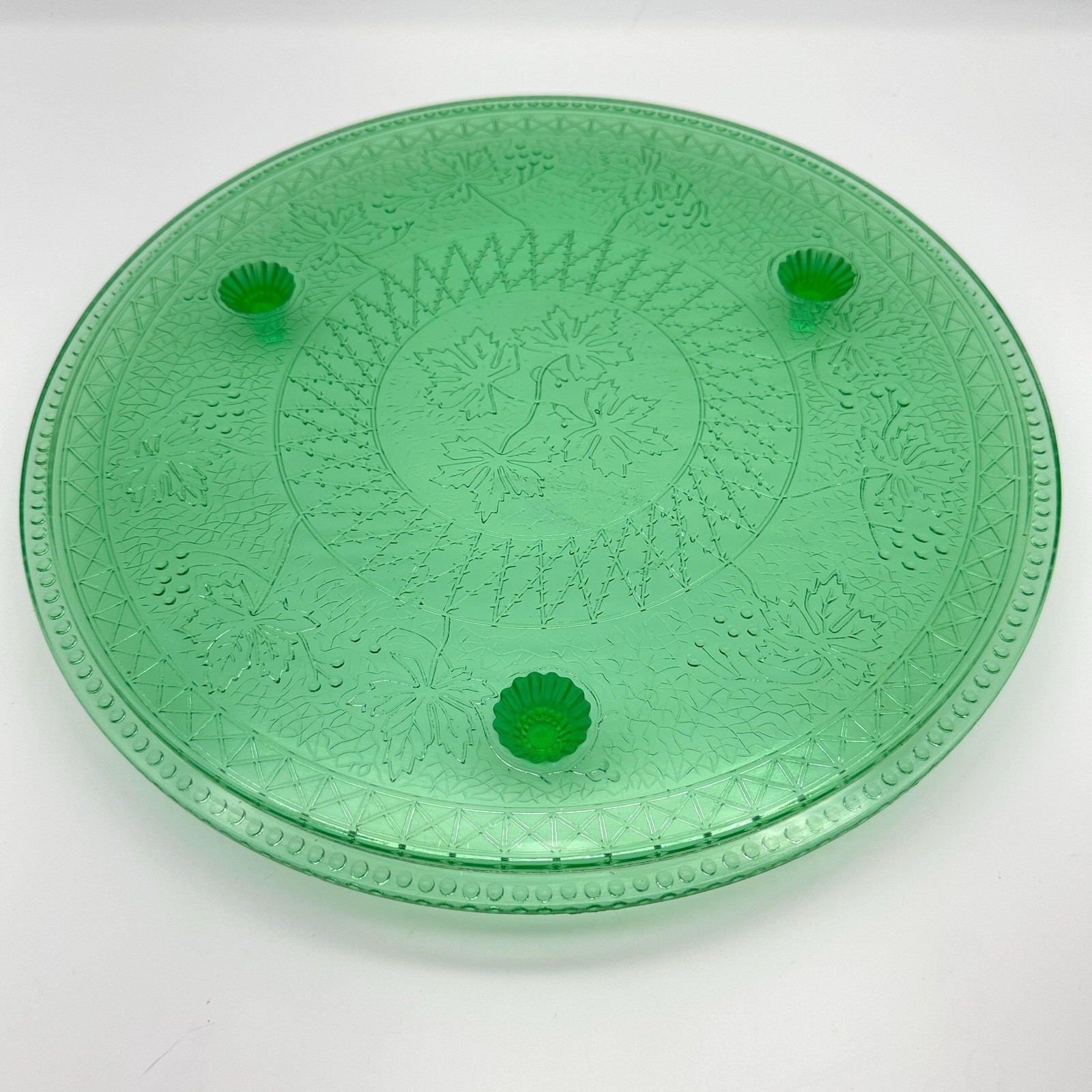 US Glass Sunnybrook Maple Leaves Uranium Glass Cake Plate, 12” Round