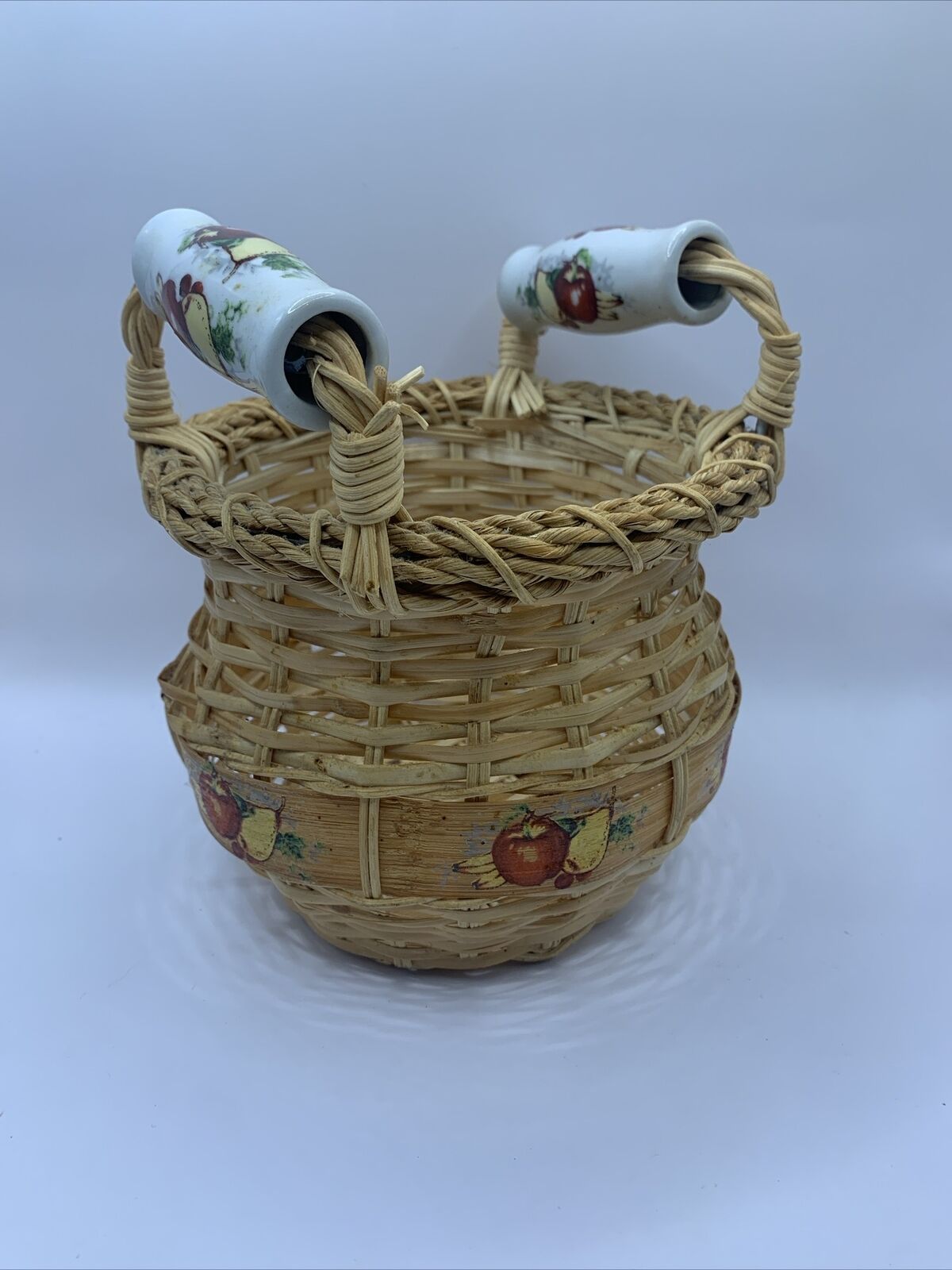 Woven Small Round Wicker Basket With Fruit Design & Ceramic Handles 7” Tall