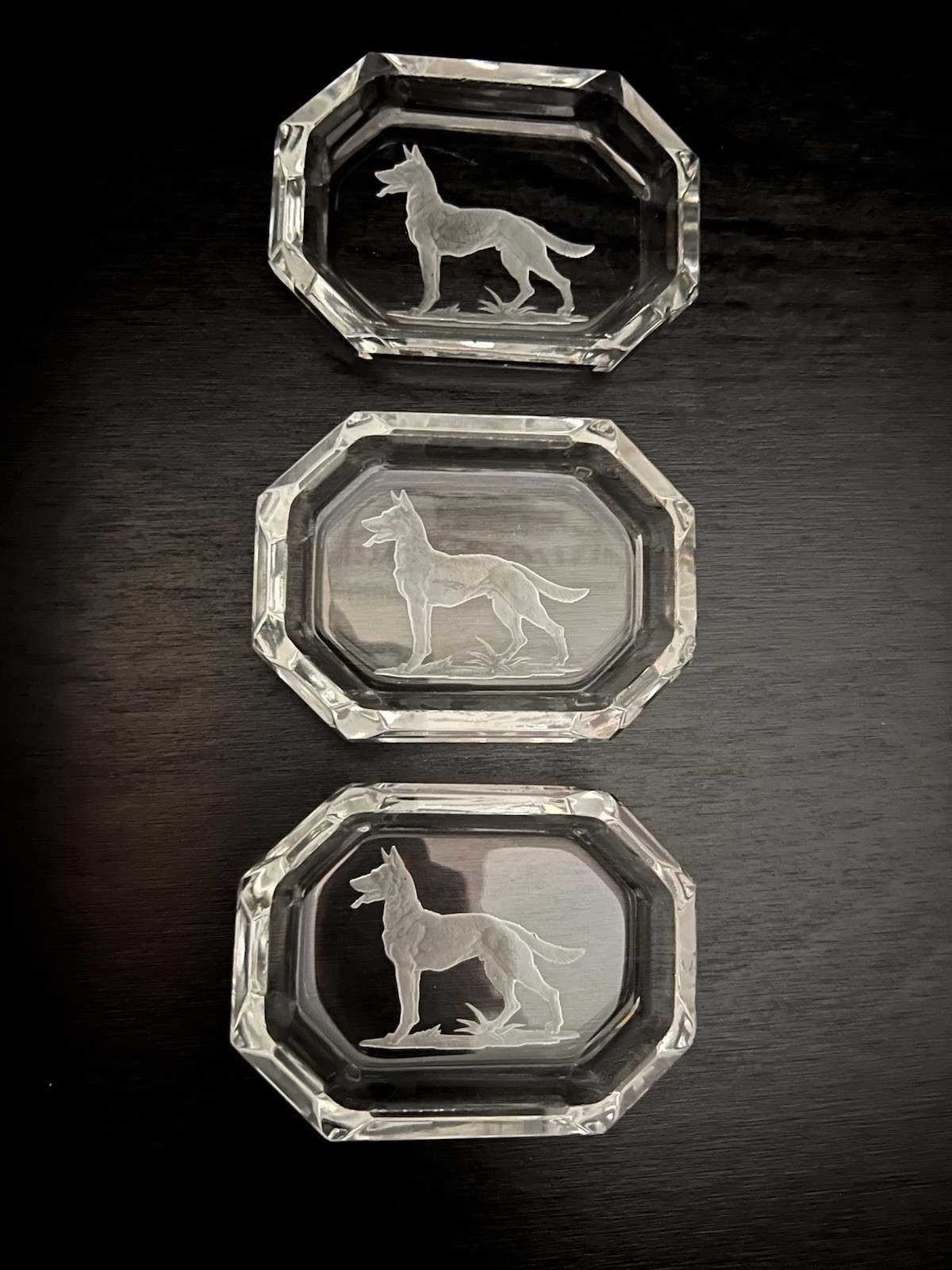 Vintage Etched Glass Ashtrays Set of 3 German Shepherd Dog Intaglio Engraved