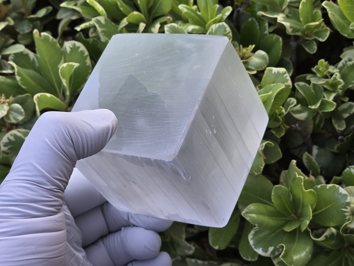 Large Polished Selenite Cube 60mm Fiber Optic Satin Spar Healing Stone of Light