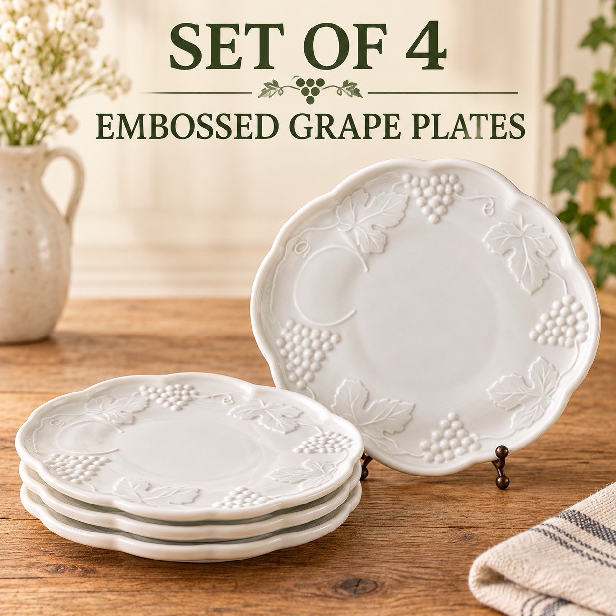 Vintage White Ceramic Grape Leaf Oval Plates Set of 4 Scalloped 10.5”