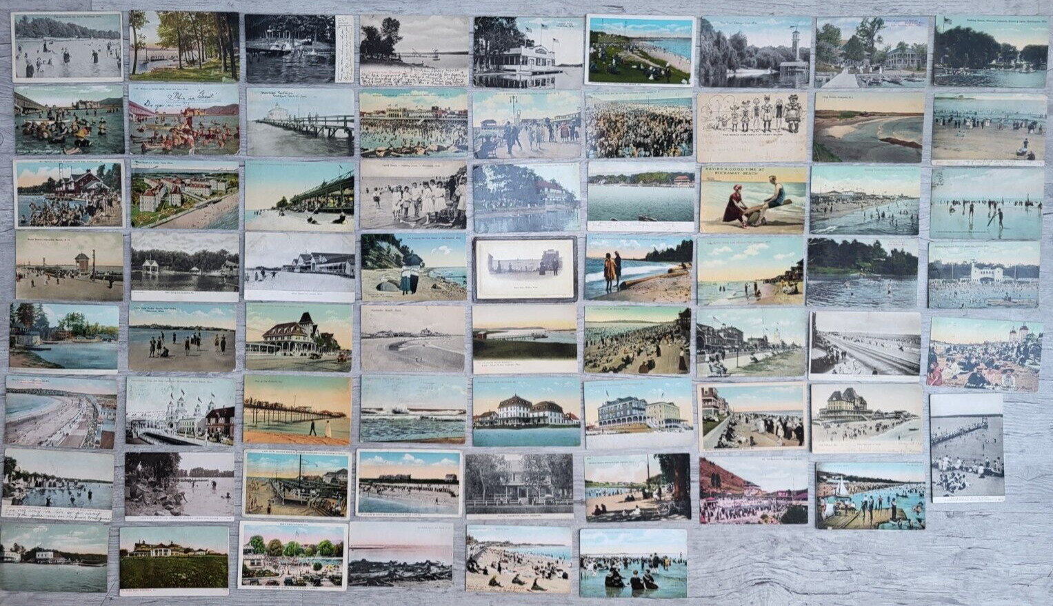 Lot of 69 Antique Postcards - USA Beaches, Swimming, Lakes, Piers, Buildings...