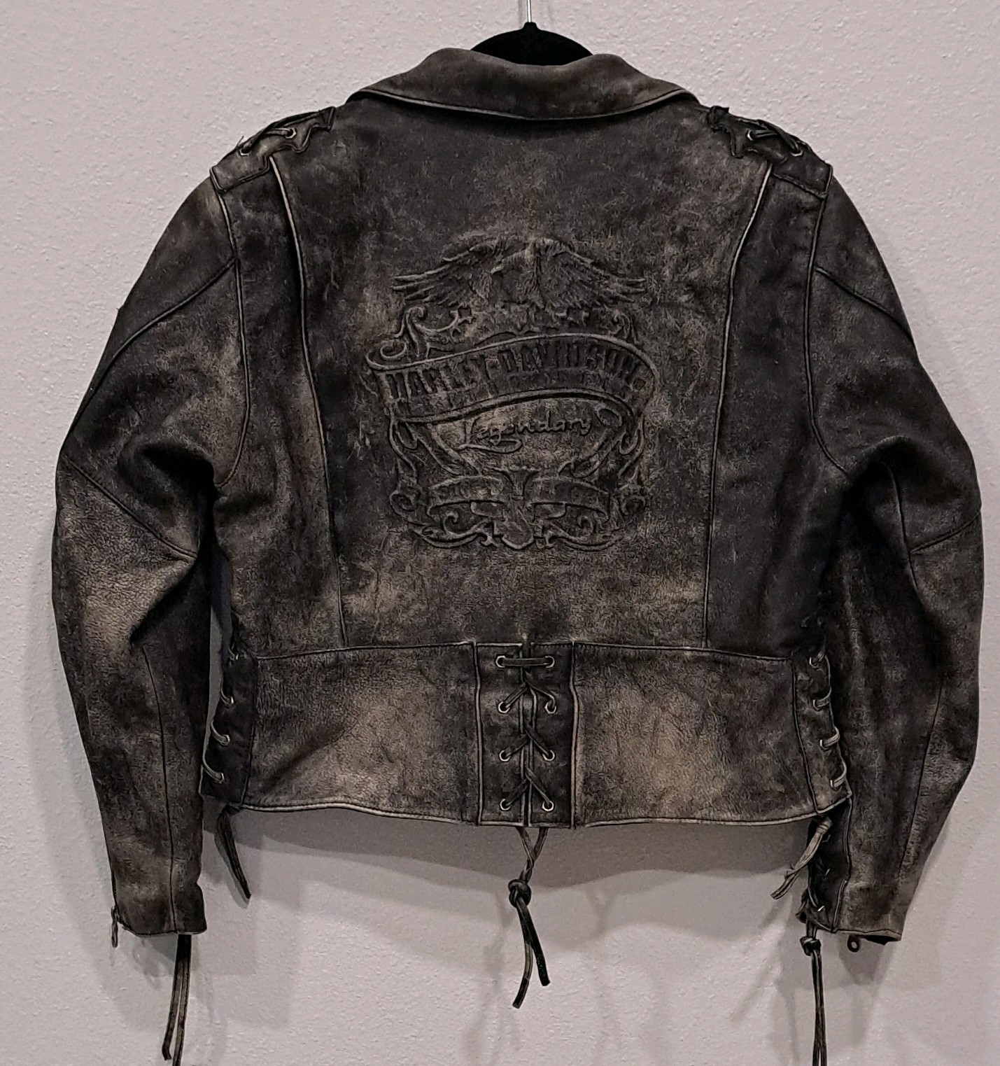 Harley-Davidson Distressed Vtg Women's Leather Jacket Large Black Lace-Up Sides