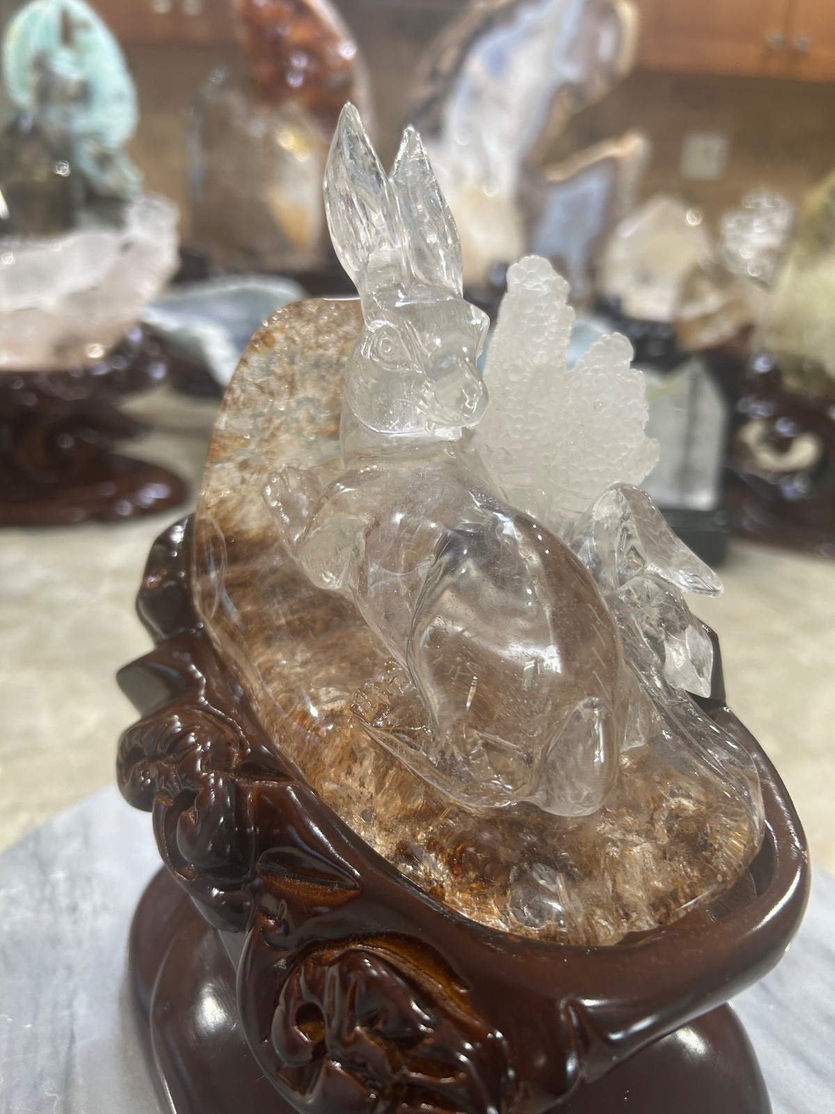 Natural clear Quartz  Rabbit carving with removable custom wood stand