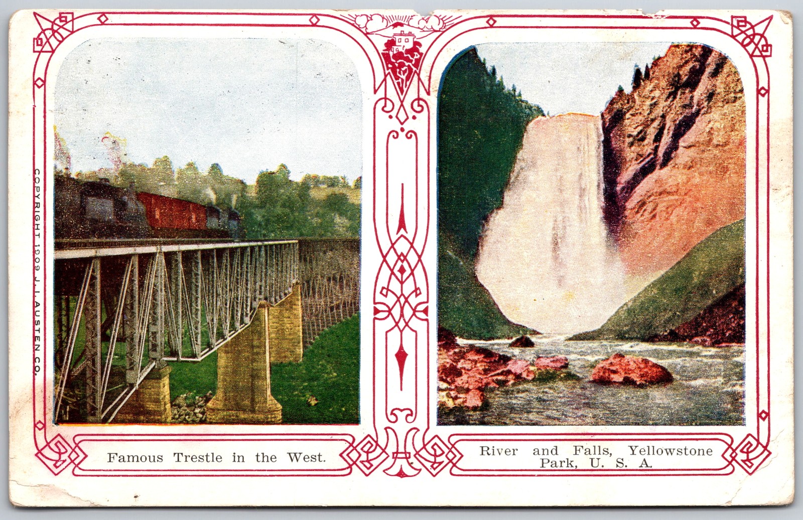 Antique Postcard Yellowstone Park Trestle Bridge River Falls 1909