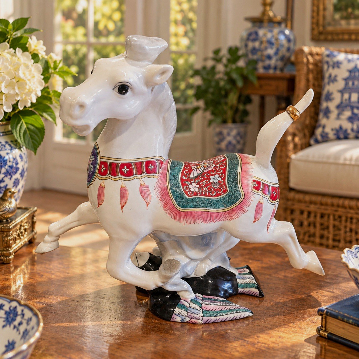 Vintage Macau Porcelain Prancing Horse Figurine Famille Rose Style Vintage Macau Porcelain Prancing Horse Figurine Famille Rose Style