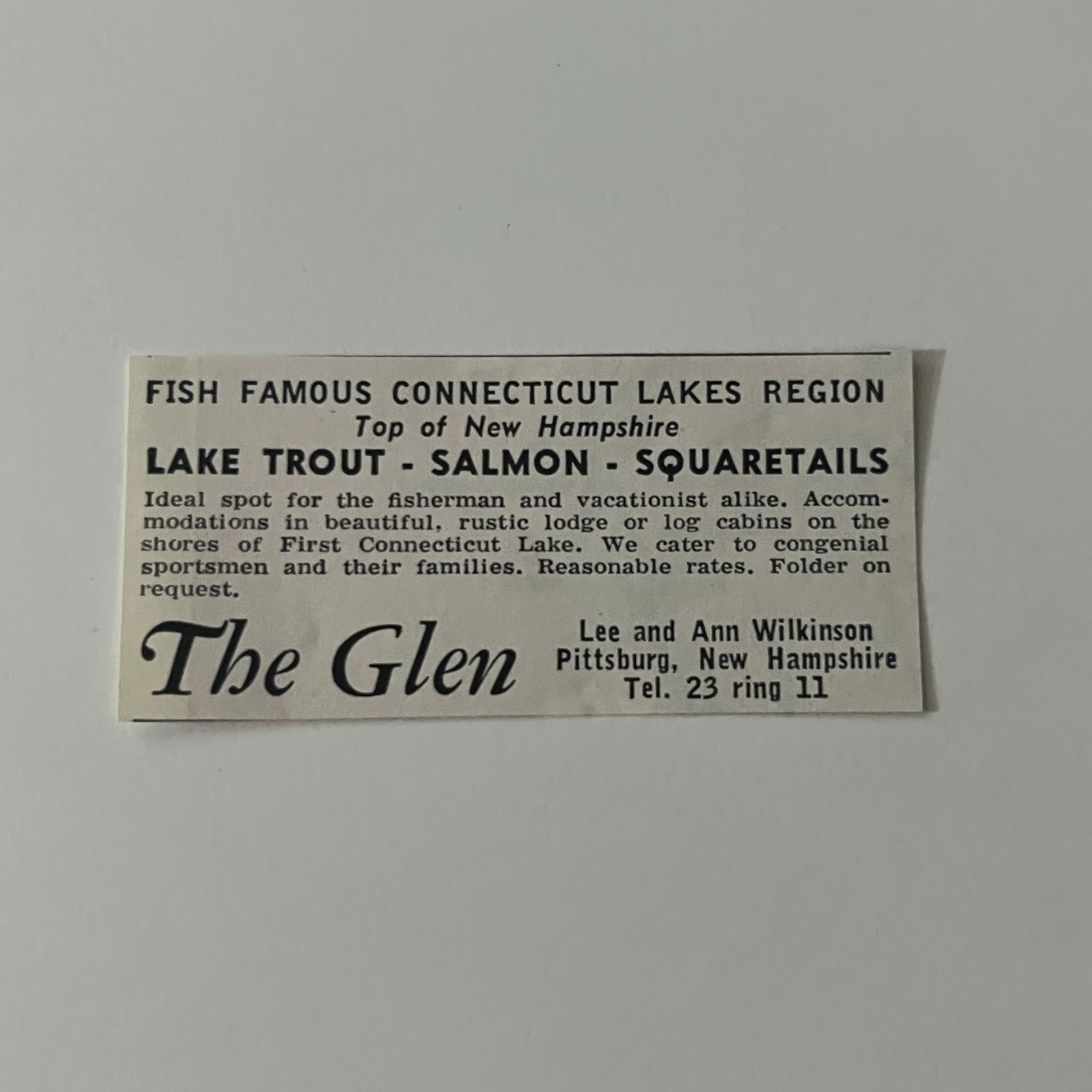 The Glen Lee & Ann Wilkinson Pittsburg NH 1955 Ad TAJ5-S25