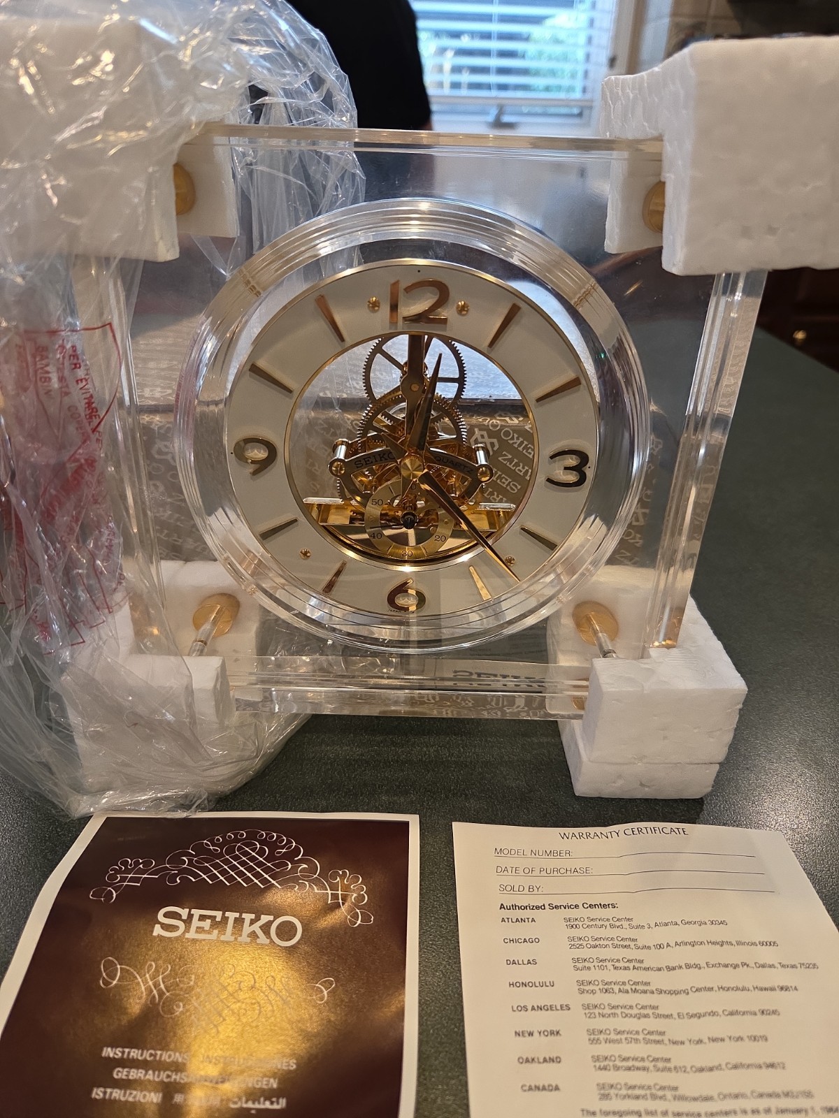 VTG Mid-Century Modern Seiko Quartz Skeleton Mantel Clock Gold Accents QAW105G