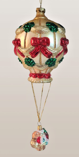 Vintage Glass Christmas Hot Air Balloon Ornament – Pearl Finish – Santa Basket