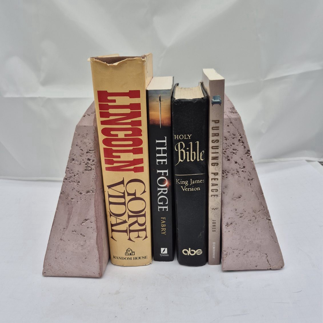 Vintage MCM Pink Travertine Obelisk Bookends Pair Stone Wedge Mid Century Modern