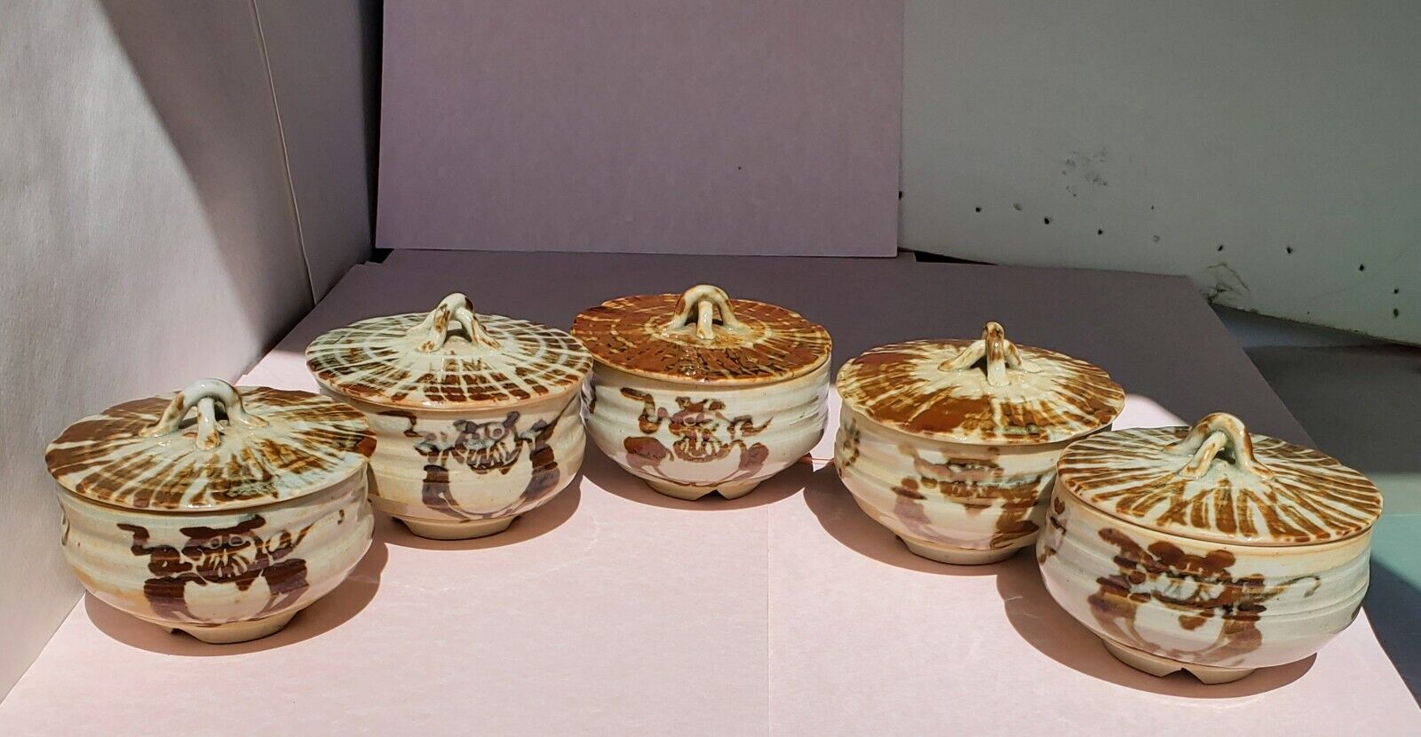  Vintage Japanese Stoneware Lidded Bowl Handmade Signed 
